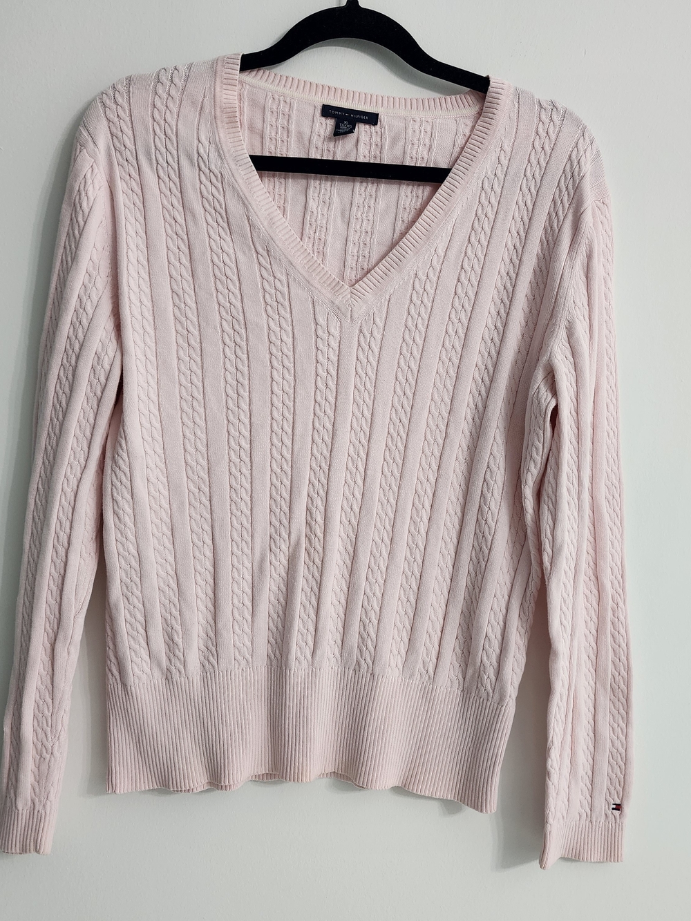 Tommy Hilfiger Women’s Cable Knit V-Neck Sweater Pink Size XL Classic Preppy
